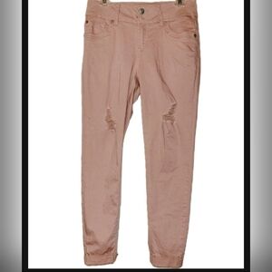 Wallflower Soft Denim Jeans Blush Pink Tapered Cuffed Leg Stretch 9 Ripped Accen